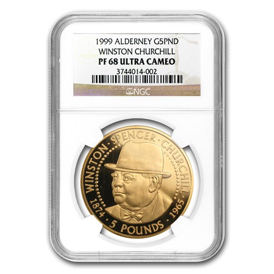 1999 Alderney Proof Gold 5 Pound Churchill PF-68 NGC 1999 Alderney Proof Gold 5 Pound Churchill PF-68 NGC
