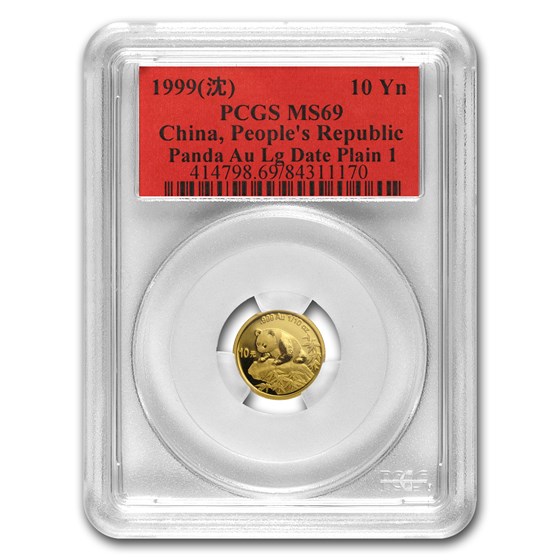 1999 China 1/10 oz Gold Panda MS-69 PCGS (Large Date, Plain 1 ) 1999 China 1/10 oz Gold Panda MS-69 PCGS (Large Date, Plain 1 )