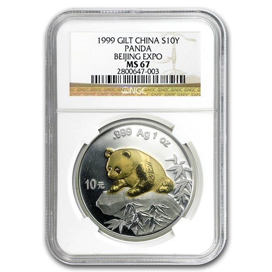 1999 China 1 oz Silver Panda Beijing Expo MS-67 NGC (Gilded) 1999 China 1 oz Silver Panda Beijing Expo MS-67 NGC (Gilded)