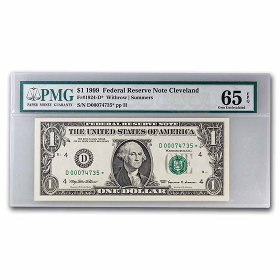 1999* (D-Clev.) $1 FRN Gem CU-65 EPQ PMG (Fr#1924D*) Star Note 1999* (D-Clev.) $1 FRN Gem CU-65 EPQ PMG (Fr#1924D*) Star Note