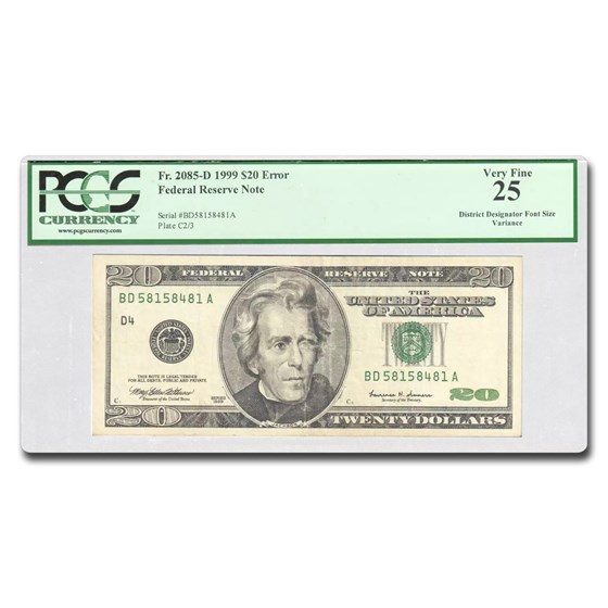 1999 (D-Cleveland) $20 FRN VF-25 PCGS (Fr#2085-D) Font Size Error