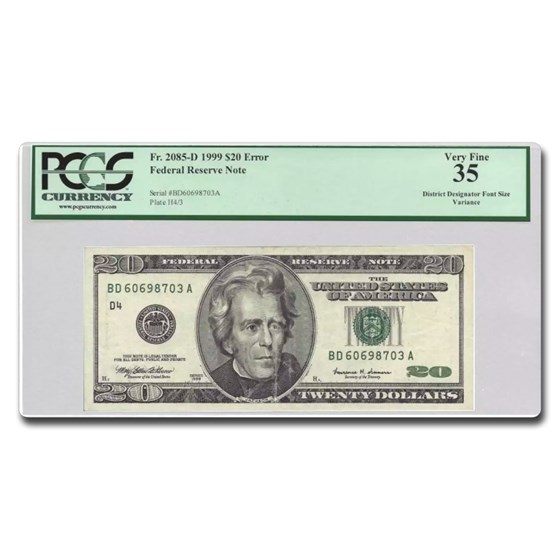 1999 (D-Cleveland) $20 FRN VF-35 PCGS (Fr#2085-D) Font Error 1999 (D-Cleveland) $20 FRN VF-35 PCGS (Fr#2085-D) Font Error