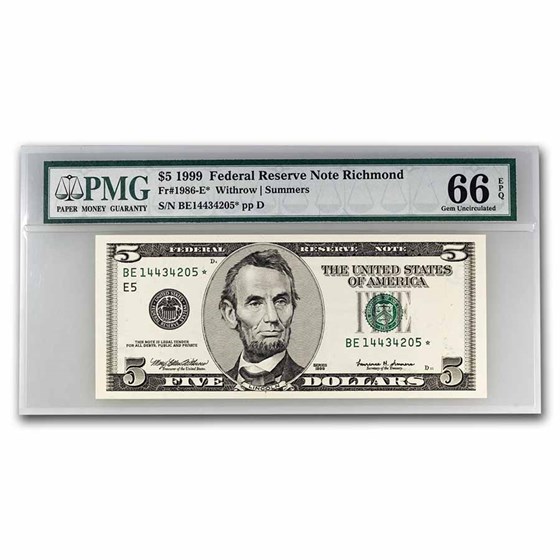 1999* (E-Richmond) $5 FRN Gem CU-66 EPQ PMG(Fr#1986-E*) Star Note 1999* (E-Richmond) $5 FRN Gem CU-66 EPQ PMG(Fr#1986-E*) Star Note