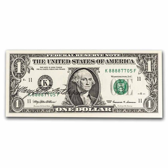 1999 (K-Dallas) $1 FRN CU (Fr#1925-K) Withrow Autograph 1999 (K-Dallas) $1 FRN CU (Fr#1925-K) Withrow Autograph