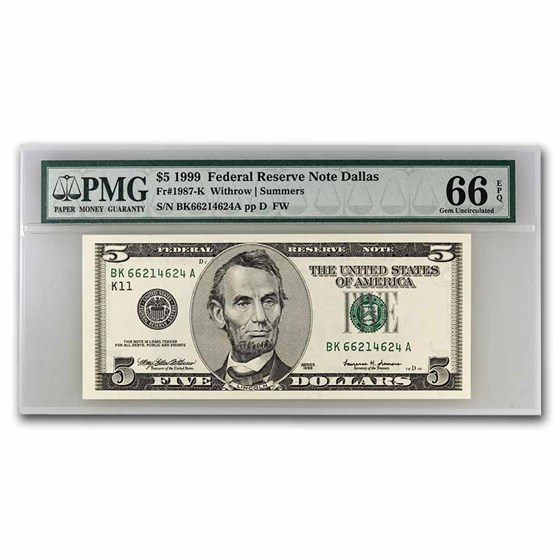 1999 (K-Dallas) $5 FRN Gem CU-66 EPQ PMG (Fr#1987-K) 1999 (K-Dallas) $5 FRN Gem CU-66 EPQ PMG (Fr#1987-K)