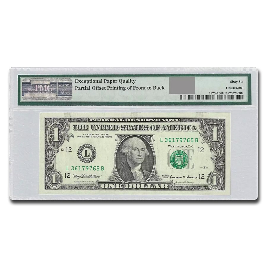 1999 (L-San Fran) $1 FRN CU-66 EPQ PMG (Fr#1925-L) Print Error