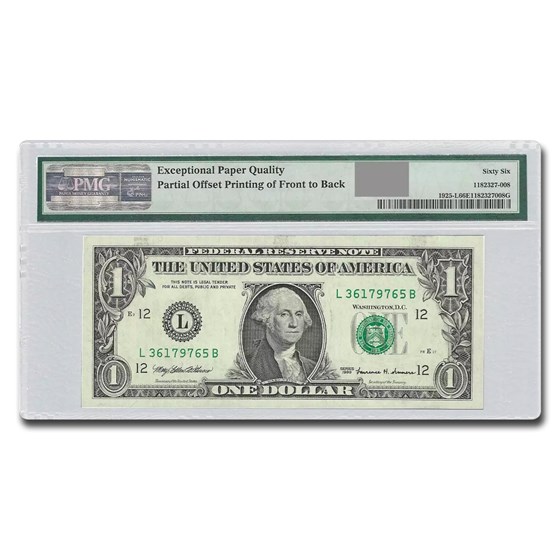 1999 (L-San Fran) $1 FRN CU-66 EPQ PMG (Fr#1925-L) Print Error 1999 (L-San Fran) $1 FRN CU-66 EPQ PMG (Fr#1925-L) Print Error