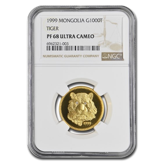 1999 Mongolia Proof Gold 1000 Tugrik Tiger PF-68 UCAM NGC 1999 Mongolia Proof Gold 1000 Tugrik Tiger PF-68 UCAM NGC