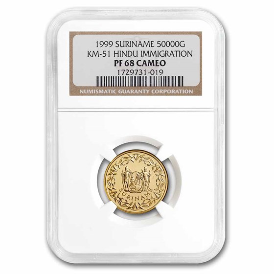 1999 Suriname Gold 50,000 Gulden Hindu Immigration PF-68 NGC 1999 Suriname Gold 50,000 Gulden Hindu Immigration PF-68 NGC