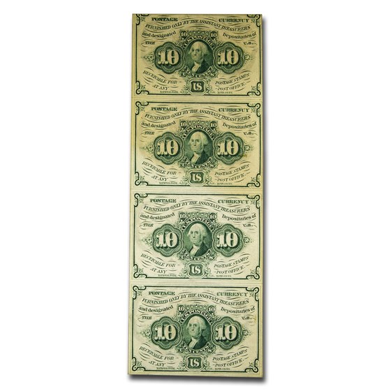 1st Issue Fractional Currency 10 Cents XF (Uncut sheet of 4) 1st Issue Fractional Currency 10 Cents XF (Uncut sheet of 4)