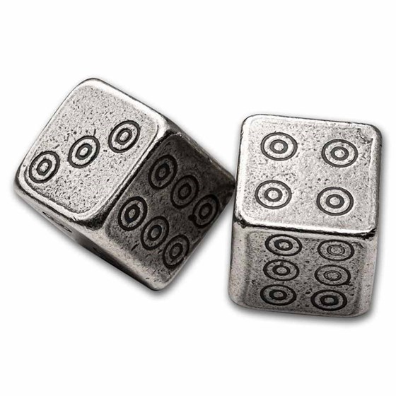 2.5 oz Silver Gaming Dice w/ Wooden Box 2.5 oz Silver Gaming Dice w/ Wooden Box