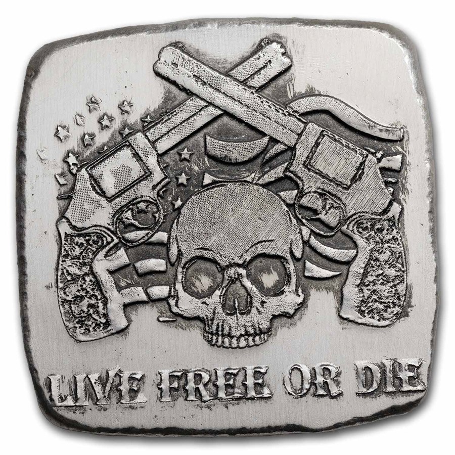 2 oz Hand Poured Silver Bar - Live Free or Die Skull & Guns