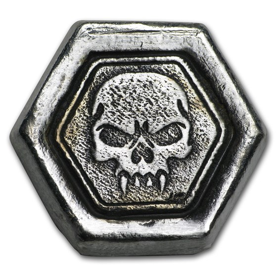 2 oz Hand Poured Silver Hexagon - Skull Fang 2 oz Hand Poured Silver Hexagon - Skull Fang