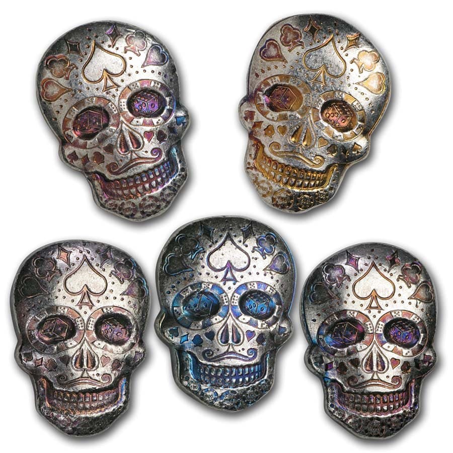 2 oz Hand Poured Silver Skull - Day of the Dead: Poker Face