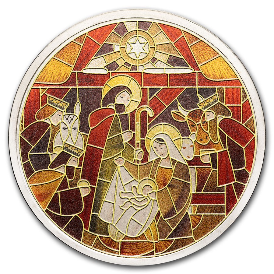 Nativity Box 2 oz Silver Colorized Round - Stained Glass Nativity (Box & COA)