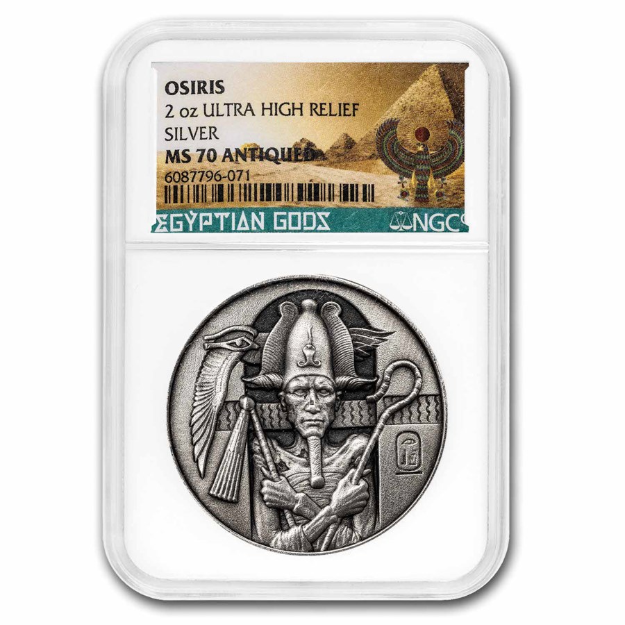 2 oz Silver UHR Round- Egyptian Gods Series: Osiris (Antiq,MS-70)