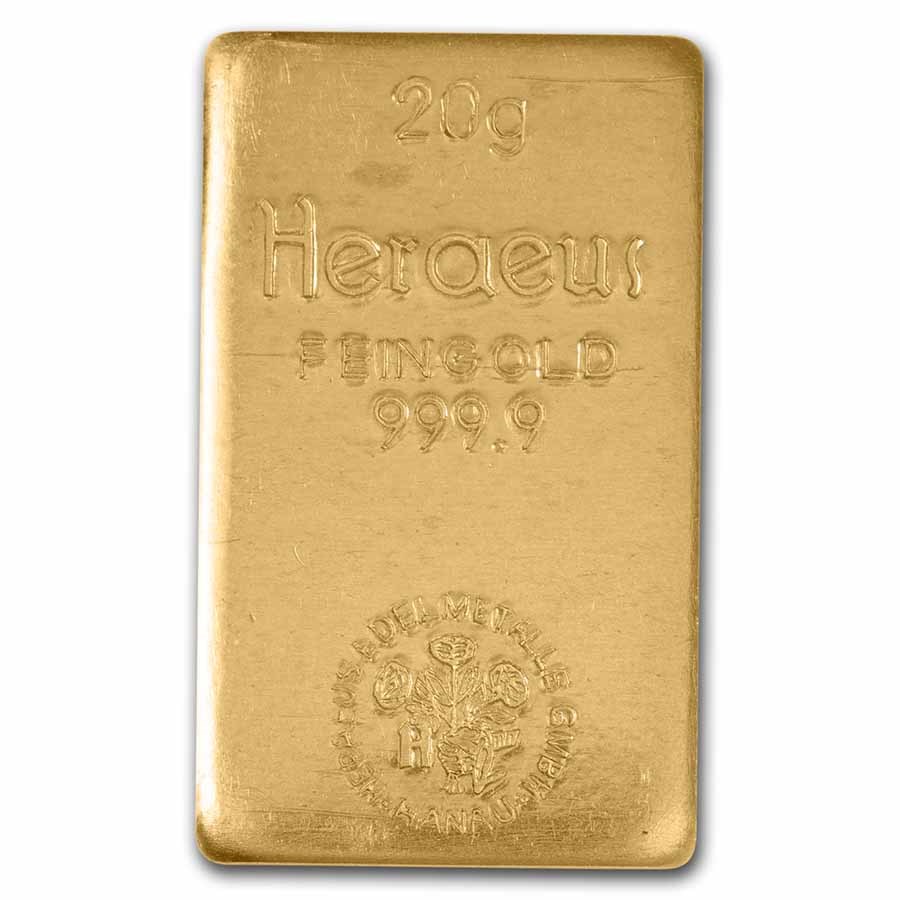 20 gram Gold Bar - Heraeus (Hanau, Germany, w/Flower)