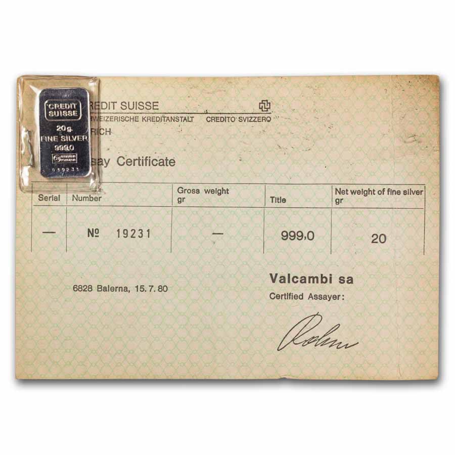 20 gram Silver Bar - Credit Suisse w/COA