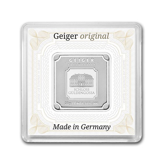 20 gram Silver Square - Geiger Edelmetalle (Encapsulated w/Assay)