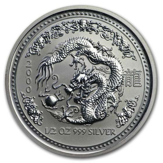2000 Australia 1/2 oz Silver Year of the Dragon BU (Spots) 2000 Australia 1/2 oz Silver Year of the Dragon BU (Spots)