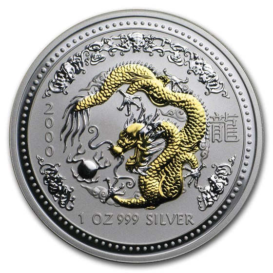 2000 Australia 1 oz Silver Dragon BU (Series I, Gilded) 2000 Australia 1 oz Silver Dragon BU (Series I, Gilded)