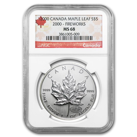 2000 Canada 1 oz Silver Maple Leaf Fireworks Privy MS-68 NGC 2000 Canada 1 oz Silver Maple Leaf Fireworks Privy MS-68 NGC