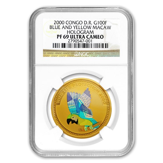 2000 Congo Proof Gold 100 Francs Blue & Yellow Macaw PF-69 NGC 2000 Congo Proof Gold 100 Francs Blue & Yellow Macaw PF-69 NGC
