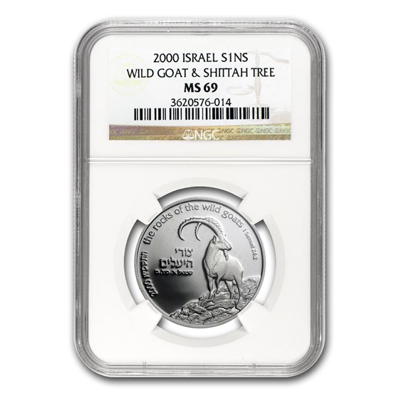 2000 Israel Silver 1 NIS Wild Goat & Shittah Tree MS-69 NGC 2000 Israel Silver 1 NIS Wild Goat & Shittah Tree MS-69 NGC