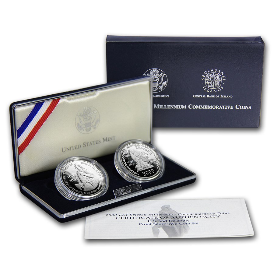 2000-P 2-Coin Leif Ericson Proof Set (w/Iceland Kronur, Box/COA)