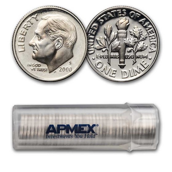 2000-S Roosevelt Dime 50-Coin Roll Proof (Silver) 2000-S Roosevelt Dime 50-Coin Roll Proof (Silver)
