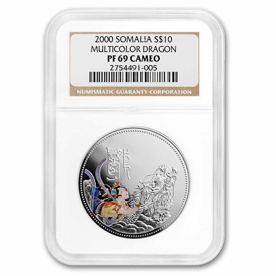 2000 Somalia 1 oz Silver Chinese Lunar Colorized Dragon PF-69 NGC 2000 Somalia 1 oz Silver Chinese Lunar Colorized Dragon PF-69 NGC