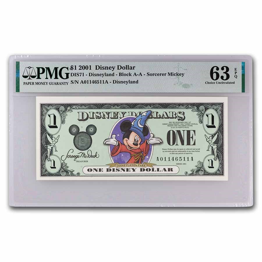 2001 $1.00 (AA) Sorcerer Mickey, Disneyland PMG-63 EPQ (DIS#71)