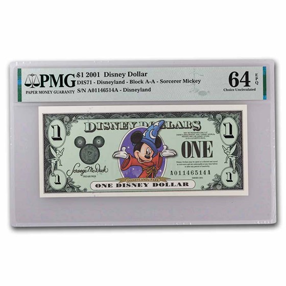 2001 $1.00 (AA) Sorcerer Mickey, Disneyland PMG-64 EPQ (DIS#71) 2001 $1.00 (AA) Sorcerer Mickey, Disneyland PMG-64 EPQ (DIS#71)