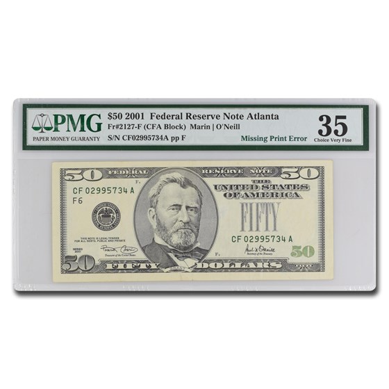 2001 (F-Atlanta) $50 FRN VF-35 PMG (Fr#2127-F) Missing Print 2001 (F-Atlanta) $50 FRN VF-35 PMG (Fr#2127-F) Missing Print