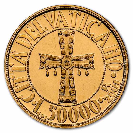 2001 Vatican City Proof Gold 50,000 Lire Pope John Paul II Crucif