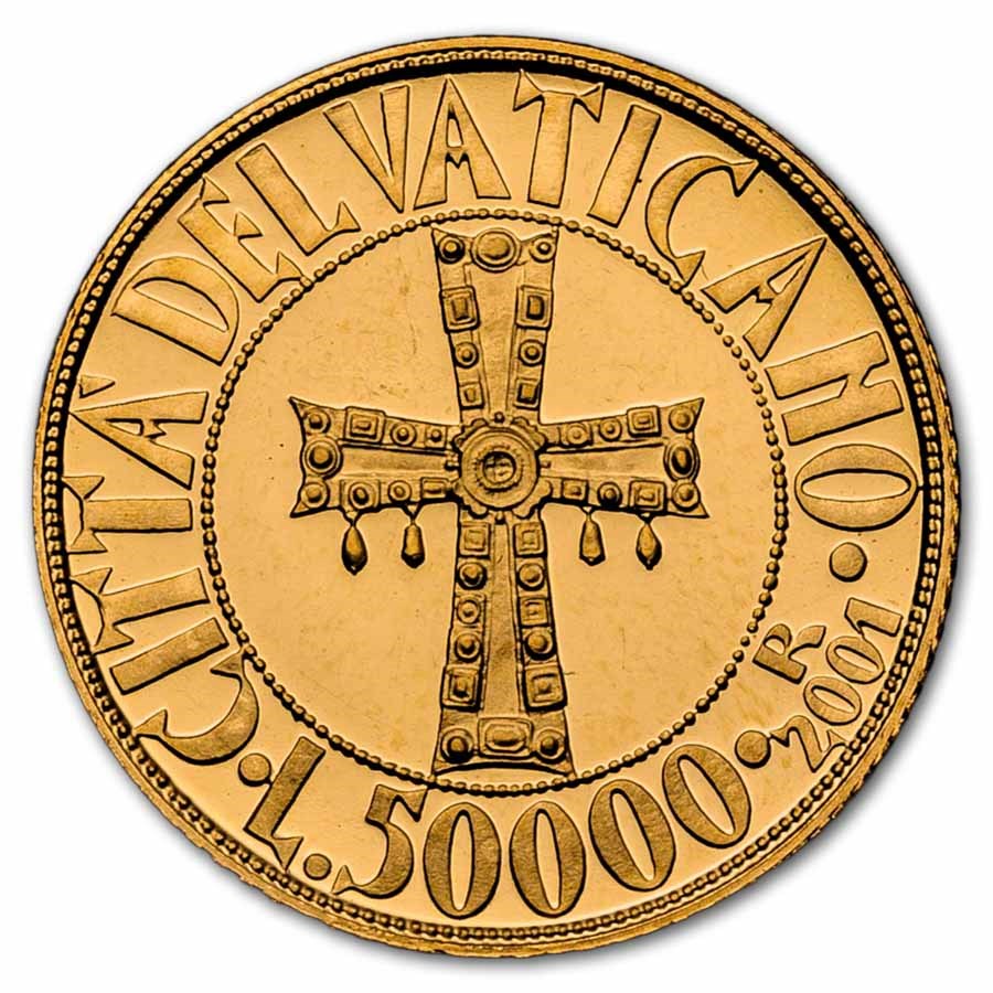 2001 Vatican City Proof Gold 50,000 Lire Pope John Paul II Crucif