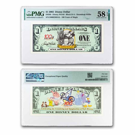 2002 $1.00 (DA) Steamboat Willie AU-58 EPQ (DIS#80)