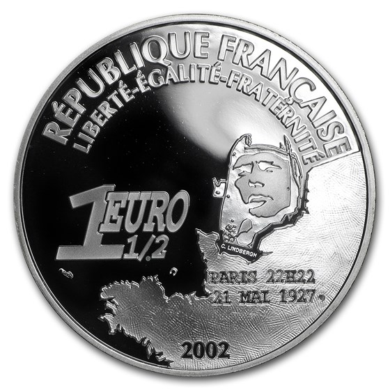2002 France 1 oz Proof Silver €1.5 Charles Lindbergh 75th Anniv 2002 France 1 oz Proof Silver €1.5 Charles Lindbergh 75th Anniv