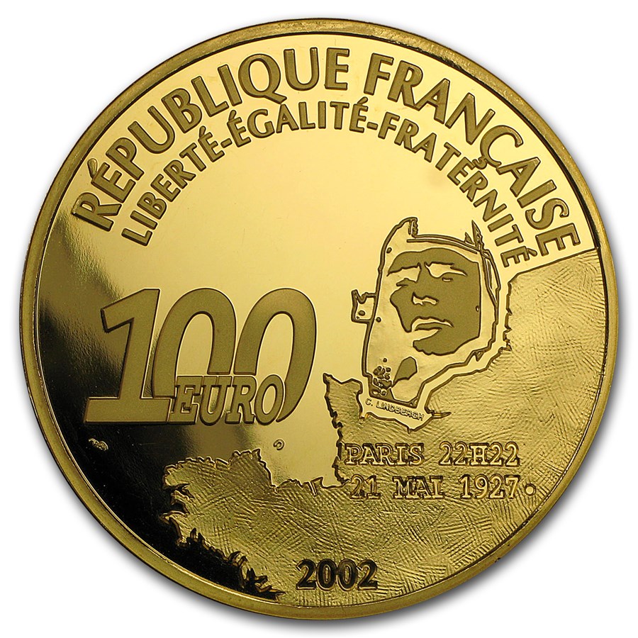 2002 France 5 oz Proof Gold 100 Euro Charles Lindbergh 75th Anniv