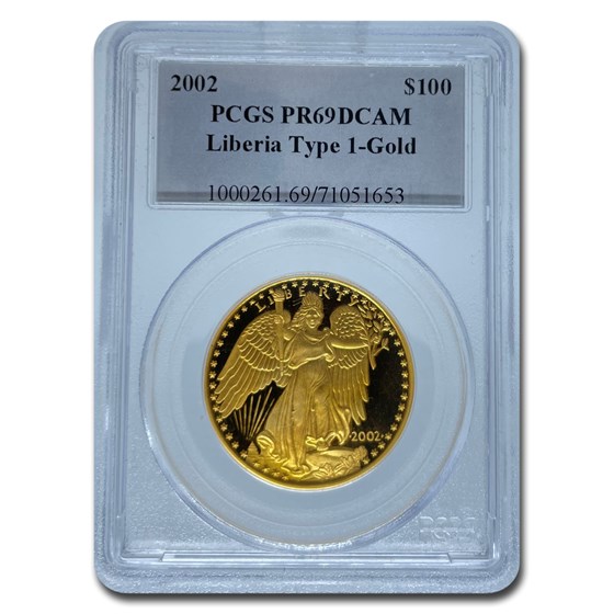 2002 Liberia Proof Gold 100 Dollar Winged Lady Liberty PR-69 PCGS 2002 Liberia Proof Gold 100 Dollar Winged Lady Liberty PR-69 PCGS