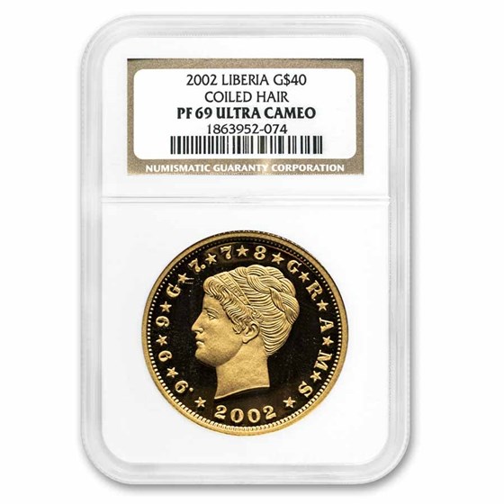 2002 Liberia Proof Gold 40 Dollars Stella PF-69 NGC (Coiled Hair) 2002 Liberia Proof Gold 40 Dollars Stella PF-69 NGC (Coiled Hair)