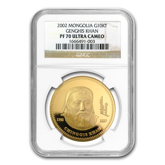 2002 Mongolia Proof Gold 10000 Tugrik Genghis Khan PF-70 NGC 2002 Mongolia Proof Gold 10000 Tugrik Genghis Khan PF-70 NGC