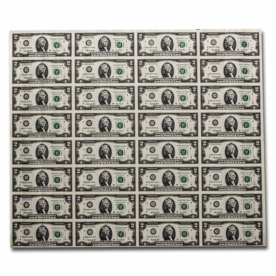 2003-A (D-Cleveland) $2.00 FRN XF (Fr#1938-D) 32 Note Uncut sheet