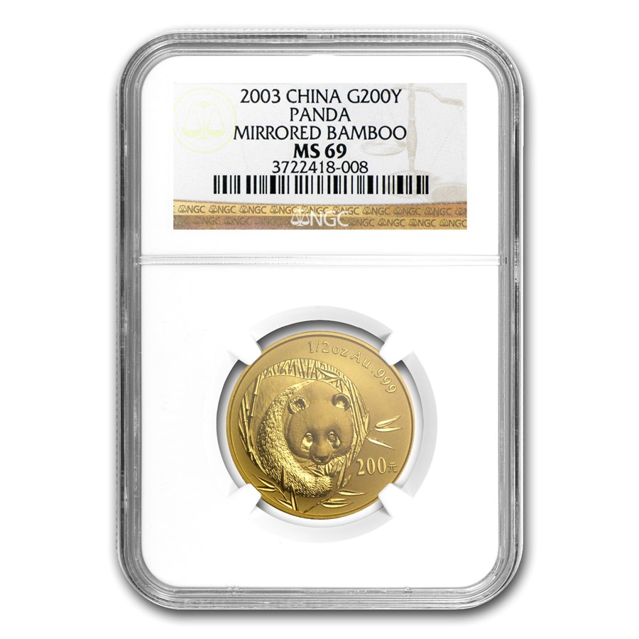 2003 China 1/2 oz Gold Panda Mirrored Bamboo MS-69 NGC