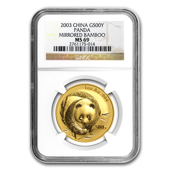 2003 China 1 oz Gold Panda Mirrored Bamboo MS-69 NGC 2003 China 1 oz Gold Panda Mirrored Bamboo MS-69 NGC