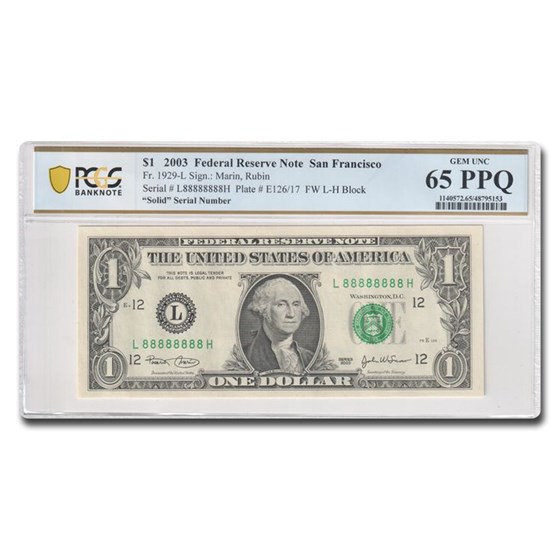 2003 (L-San Francisco) $1.00 FRN CU (Fr#1929-L) Solid 8 Serial # 2003 (L-San Francisco) $1.00 FRN CU (Fr#1929-L) Solid 8 Serial #