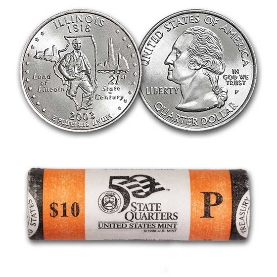 2003-P Illinois Statehood Quarter 40-Coin Mint Wrapped Roll BU 2003-P Illinois Statehood Quarter 40-Coin Mint Wrapped Roll BU