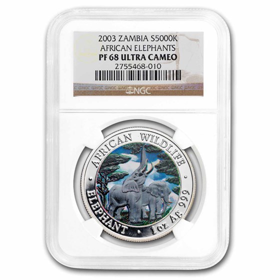 2003 Zambia 1 oz Silver African Elephant PF-68 NGC (Colorized) 2003 Zambia 1 oz Silver African Elephant PF-68 NGC (Colorized)