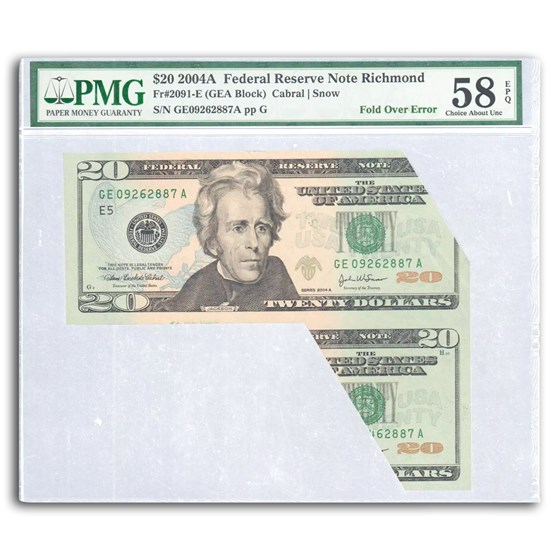 2004-A (E-Richmond) $20 FRN AU-58 EPQ PMG (Fr#2091-E) FOLD ERROR 2004-A (E-Richmond) $20 FRN AU-58 EPQ PMG (Fr#2091-E) FOLD ERROR