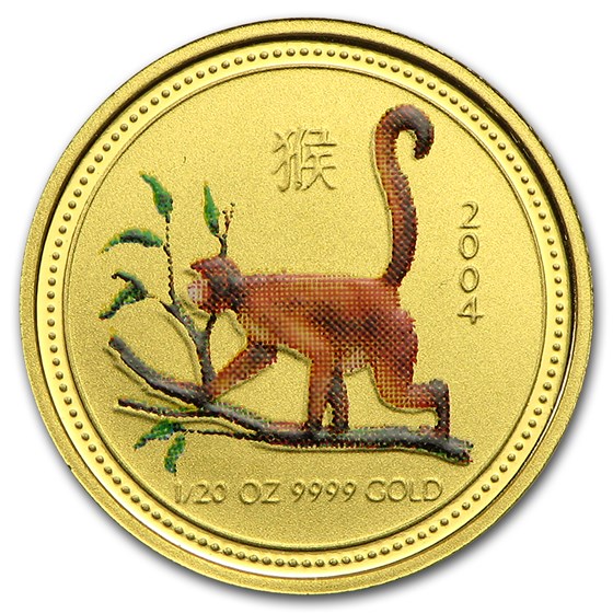 2004 Australia 1/20 oz Gold Lunar Monkey BU (SI, Colorized)